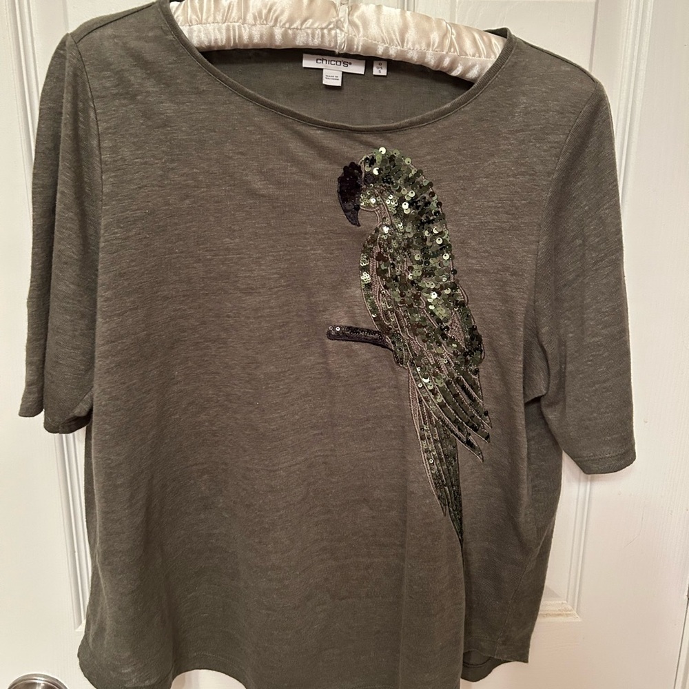 Chico's Green Sequin Parrot Tee